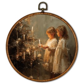 KSDUT Vintage Christmas Wall Decor Art - Retro Girls Christmas Wall Art Canvas Frame Hanging Prints, Merry Xmas Holiday Round Wall Art Decor for Home Farmhouse Decorations 10"x10"