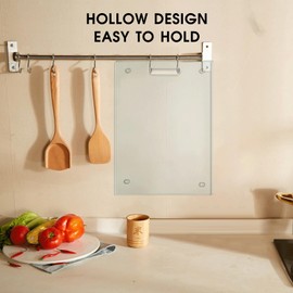 JAMBALAY Tempered Glass Cutting Board with Handle and Non Slip Feet, 16"x12" Clear Cutting Board for Kitchen Countertop, Glass Chopping Board, Heat and Scratch Resistant, Dishwasher Safe