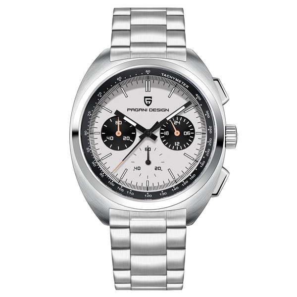 Pagani Design 1782 Men's Quartz Watches, VK63 Movement Stainless Steel Material 100 m Waterproof Man Tonneau Multifunction Chronograph Watch, Steel white, Modern