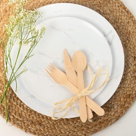 EcoQuality 6" inch Round White Plastic Plates with Stone Marble Design - Heavy Duty Disposable White Plastic Dessert Plates, Weddings, Tableware, Baby Showers, China Like Salad Party Plates (40 PACK)