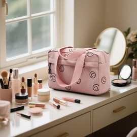 ZOEMTIU Makeup bag Large Cosmetic bags for women,Corduroy Zipper Pouch Travel Bag cute Toiletry bag with Handle(Pink,Strawberry)