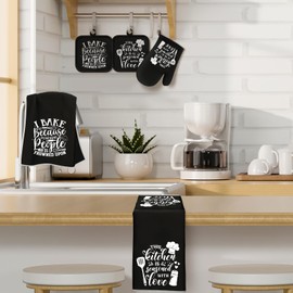 Sratte 6 Pcs Kitchen Decor Accessories Set Farmhouse Towels Pot Holders Oven Mitts Set 2 Dish Towels 2 Potholders 2 Cooking Mittens Oven Glove for Baking Cooking Supply(Black,Baking)