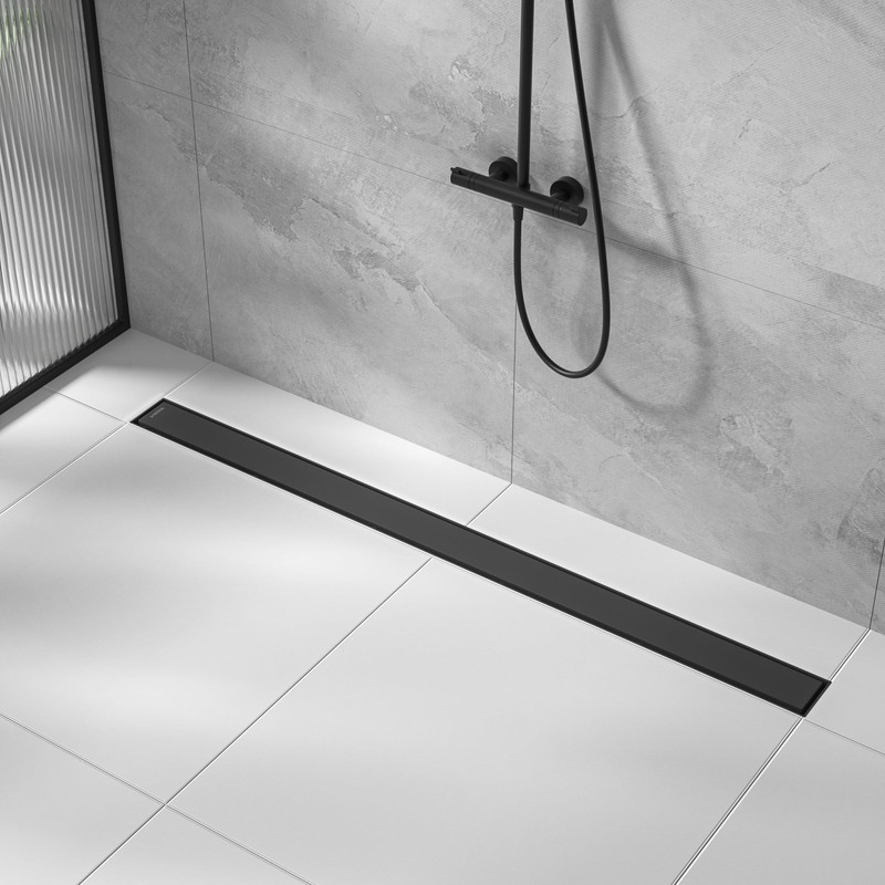 Bernkot Linear Shower Drain 42", Matte Black Floor Drain with