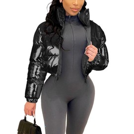 Flygo Women's Metallic Shiny Cropped Quilted Puffer Jacket - Zip Up Padded Down Coat Outerwear(Black-S)