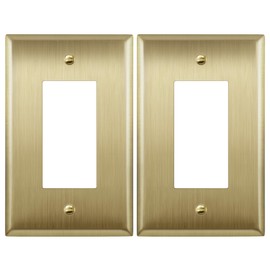 LIDER Decorator Switch or Receptacle Metal Wall Plate, Stainless Steel Outlet Cover, Corrosion Resistant, Mid-Size 1-Gang 4.88" x 3.11", Stainless Steel, UL Listed, Burshed Brass, 2 Pack