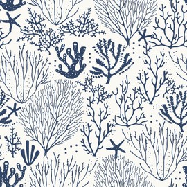 Livelynine Blue Farmhouse Wallpaper Peel and Stick Ocean Wallpaper Navy Blue and White Nautical Coastal Beach Vinyl Contact Paper Waterproof Self Adhesive Beachy Coral Starfish Removable 17.5x78.8