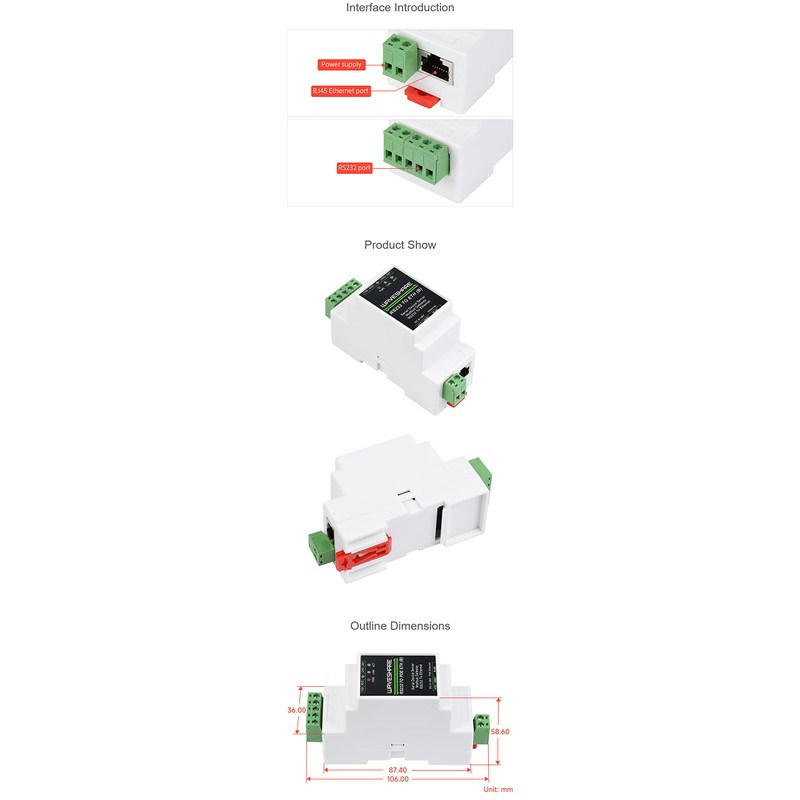 coolwell Industrial Serial RS232 to RJ45 Ethernet Server Module with