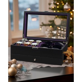 GUKA Watch box, 6 Slot Watch Case, 3 Slot Sunglass Organizer, Watch Cases for men with Real Glass Lid, Watch Organizer storage with Jewelry Case, Birthday for Men and Women,