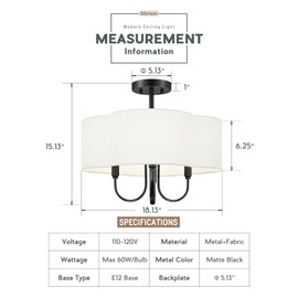 METWET 18" Semi Flush Mount Ceiling Light, 4-Light Vintage Light Fixtures Ceiling Mount with Fabric Shade in Quatrefoil for Kitchen Nursery Entryway Hallway Bedroom, Matte Black, SM179-MB-L