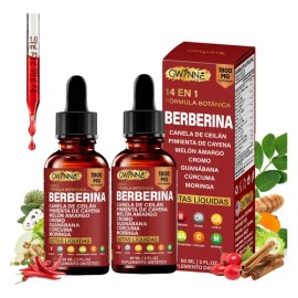 Gwynne Suplemento Dietético Gotas Líquidas Berberina Fórmula 1900 Pimienta Cayenne Canela Ceilán Melón Amargo Cúrcuma Moringa 2pcs