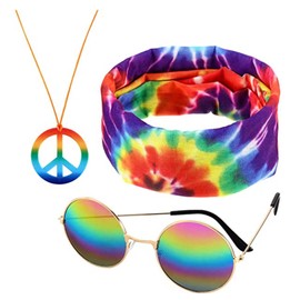 4 Pieces Hippie Costume Set,Tie Dye Shirt Set,Tie Dye Sunglasses Headband for Women,Peace Sign Necklace,70s Outfits for Women Men Rainbow