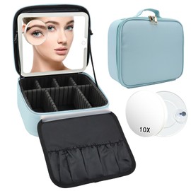 SLUMAZI Travel Makeup Bag with LED Mirror and 10x magnifying glass with 3 Lighted Settings, Adjustable Dividers and Makeup Brush Storage Bag Light Blue