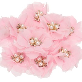 PATIKIL 2.36 Inch Rhinestone Pearl Chiffon Flower, 10 Pcs Sewing Fabric Appliques for DIY Craft Clothing Headbands Wedding Party Decoration, Pink