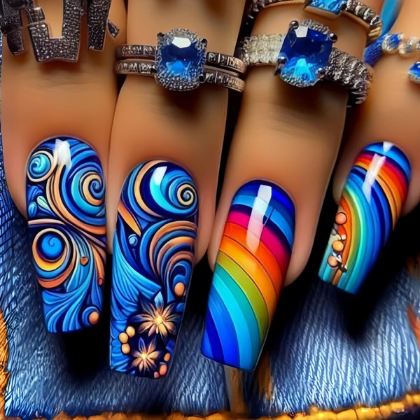 Blue Press on Nails Long Coffin Fake Nails Rainbow Stripe