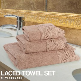 Zahari Home 3 Piece Laced Towel Set - Stylish Soft Plush Cotton Towels with Hand Towel & Washcloth - Highly Absorbent Towels for Bathroom, Gym, Hotel & Spa (Crochet Blush)
