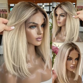 Glueless Full Frontal Ombre Ash Blonde Bob Wig Human Hair with Dark Roots Pre Plucked Pre Cut Short 13x4 UHD Highlight Ombre Lace Front Wig Human Hair for Women Real Hair Daily Party 10Inch 180%