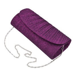 Premium Pleated Metallic Glitter Flap Clutch Evening Bag Handbag, Purple