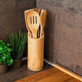 Relaxdays kitchen helper set bamboo 7 pieces 30 cm long as a wooden spoon set made of wooden spoons spatula (2 each) and salad tongs fork with holder or stand for cooking utensils as kitchen utensils, natural
