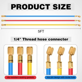 Therwen Compatible with R410A R22 R404A R134A 60" Refrigerant Charging Hoses with 3 Way A/C Diagnostic Manifold Gauge Set 1/4" Thread HVAC Gauges Air Conditioning Line Repair Tools
