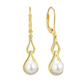 BELRYO Infinity Pearl Earrings for Women 925 Sterling Silver Leverback Dangle Drop Earrings with 8MM Freshwater Pearl Cubic Zirconia Earrings Christmas Jewelry Yellow