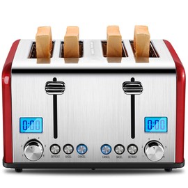 Roter Mond Countdown Stainless Steel 4 Slice Toaster with Bagel, Defrost, Cancel Function, Dual Toaster, Extra Wide Slots, 6 Shade Settings, Removable Crumb Trays, 1650W, Red