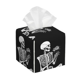 Roses Skeleton Skull Square Tissue Boxes, Tissue Box Cover 5.2"x5.2"x5.2" for Bathroom/Vanity Countertop/Home/Car/Office/End Table.