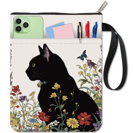 craspire Black Book Covers with Cat Motif, Flowers, Book Protection, Animal Book Cover for Paperbooks, Washable Book Cover Made of Fabric, with Zip and Additional Sleeve Pocket for Book Lovers