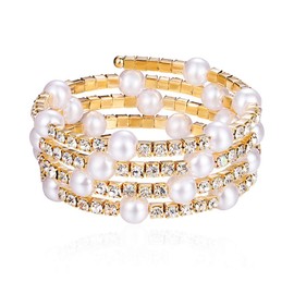 Chunky Imitation Pearl Bracelet for Women Multi Row Layered Crystal Rhinestone Stackable Wrap Open Cuff Bangle Bridal Wedding Jewelry, Metal Crystal Rhinestone, Rhinestone