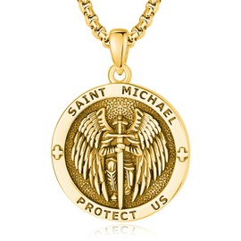 KINGWHYTE St Michael Necklace 925 Sterling Silver Round Saint Michael Medal Archangel Protect Us Pendant Jewellery Graduation Gifts for Women Men(Plated Gold)