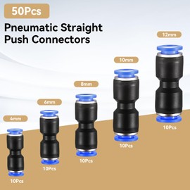 50Pcs Pneumatic Quick Push in Connect Air Tube Fitting Kit, Quick Release Plastic Pneumatic Air Line Fittings, 4/6/8/10/12mm Straight Push Connectors, 2 Way