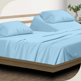 Incredible Bedding Flex Top Split King Size Sheet Set - Double Brushed 100% Microfiber Half Split King Sheet - 15" Deep Pocket 4 PC 34" Top Split King Sheet Sets - Fade Resistant - Light Blue Solid