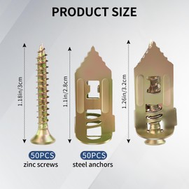 100Pack Self Drilling Drywall Anchors with Screws, Suitable for Tv, Cabinets, Shelves, Shelf Straps, Bicycles, Curtains, No Need to Drill Holes in The Wall(50 Metal Drywall Anchors and 50 Zinc Screw)