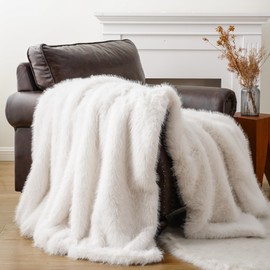 BATTILO HOME Luxury White Faux Fur Throw Blanket, Fluffy Cozy Soft Warm Fur Blanket for Couch, Sofa, Chair, Bed, Plush Fuzzy Fur Throws with Long Pile, 50"x60"(Ivory)