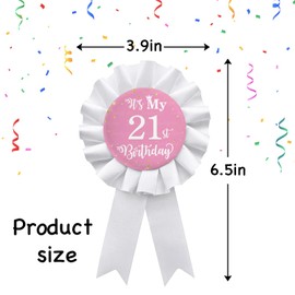 It's My 21st Birthday Party Badge Button, Happy 21st Birthday Girls White Corsage Award Ribbon Party Decorations Supplies - Pink Pattern