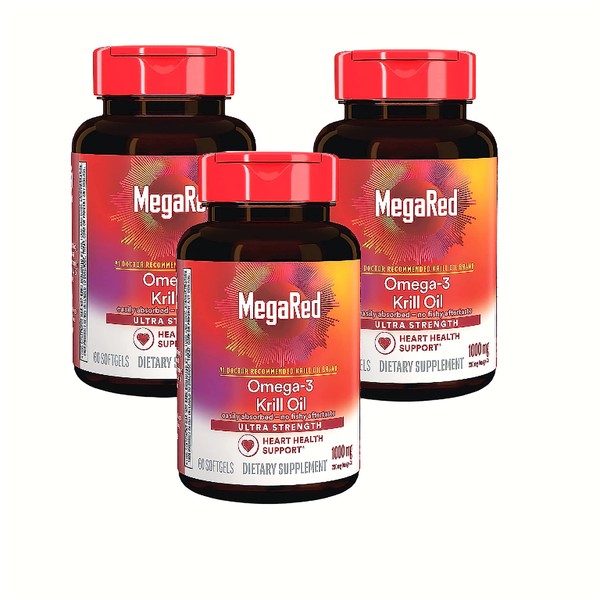 Megared Omega-3 Krill Oil Supplement 1000mg, Ultra Strength Softgels (60 Count in A Box), Has No Fishy Aftertaste and Has EPA & DHA Plus Antioxidant Astaxanthin (Pack of 3)