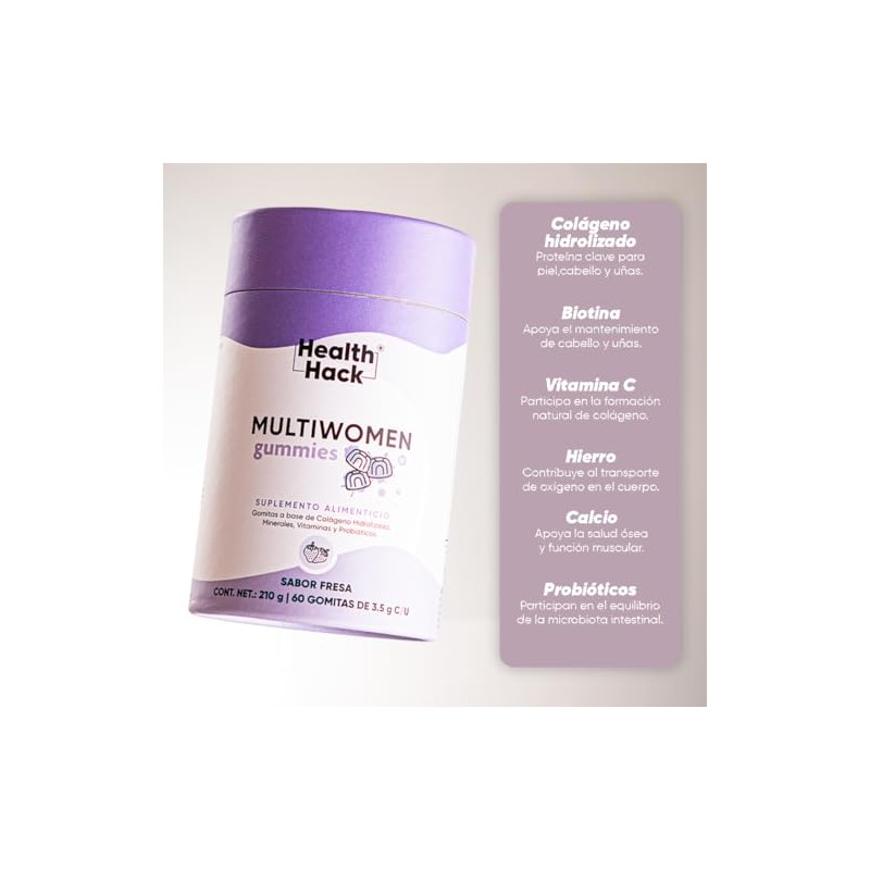 Health Hack Multi Women Gomitas Multivitamínico Mujer Sabor Fresa Ingredientes