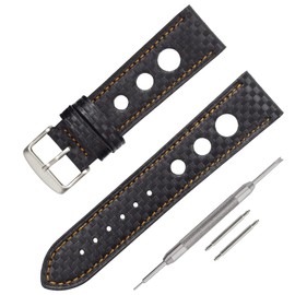 Rally Watch Strap Carbon Fiber Pattern Perforated Watch Straps in 18mm, 20mm, 22mm, Black, Red and Orange Stitching Tool and Spring Bars Included, Leather