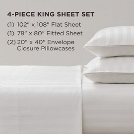 The Sheet Lab Regal Dreams Sateen Striped Damask King 4-Piece 100% Cotton Sheet Set, White - Designed for a Comfortable and Luxurious Sleep Experience