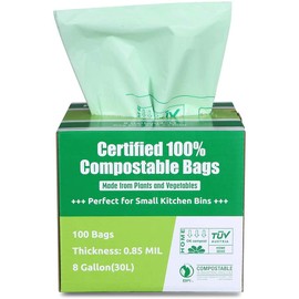Primode 100% Compostable Bags, 8 Gallon (30L) Food Scraps Yard Waste Bags, 100 Count, Extra Thick 0.85 Mil. ASTM D6400 Compost Bags Small Kitchen Trash Bags, Certified by BPI & TUV