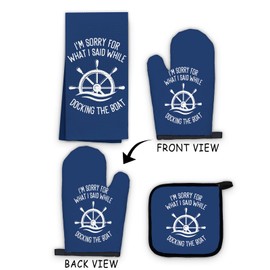 OHSUL Navy Blue Nautical Kitchen Towels and Oven Mitt Pot Holder Set, Navy Blue Lake House Kitchen Decor Accessories, Rustic Docking The Boat Heat Resistant Oven Glove Hot Pad Hand Towels for Kitchen