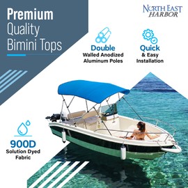 4 Bow Bimini Tops for Boats, Fadeproof, Support Poles, Storage Boot, 900D Marine Canvas, Sun Shade Boat Canopy, Universal Boat Cover for Pontoon, V-Hull, Fishing, Bass Boat 73-78", Pacific Blue