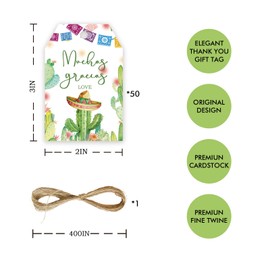 50pcs Cactus Fiesta Thank You Tags, Muchas Gracias Gift Tag with String for Western Fiesta Party, Cactus Thank You Paper Tags for Mexican Fiesta Party Favors