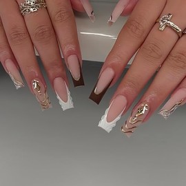 Uñas postizas marrones, largas y cuadradas, con punta francesa, con rayas otoñales, acrílicas, mate, cobertura total, para manicura de mujer, 24 unida