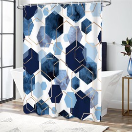 deFouliao Blue Shower Curtain Geometric Grid Ink Blue Modern Abstract Bathroom Shower Curtain Sets Waterproof Fabric for Home Hotel Bathtub Art Decor, with Hooks, 72x72 Inch