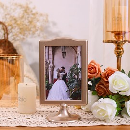 Meonua Double Sided Standing Picture Frames 4x6 Inch Pedestal Photo Frame with Inserts and Base - 2 Sided Frame for Vertical Display(Champagne Gold, 4 count)