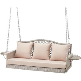 Upgraded Wicker Hanging Porch Swing Heavy Duty 900 LBS 3-Seat Outdoor Patio Swing Chair Bench for Adult w/ 8.9ft Hanging Chains Cushions and Cup Holder