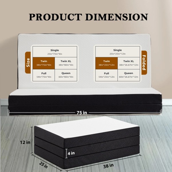 NEWBULIG 4" Tri-fold Memory Foam Mattress, Foldable Portable Floor Bed,Washable