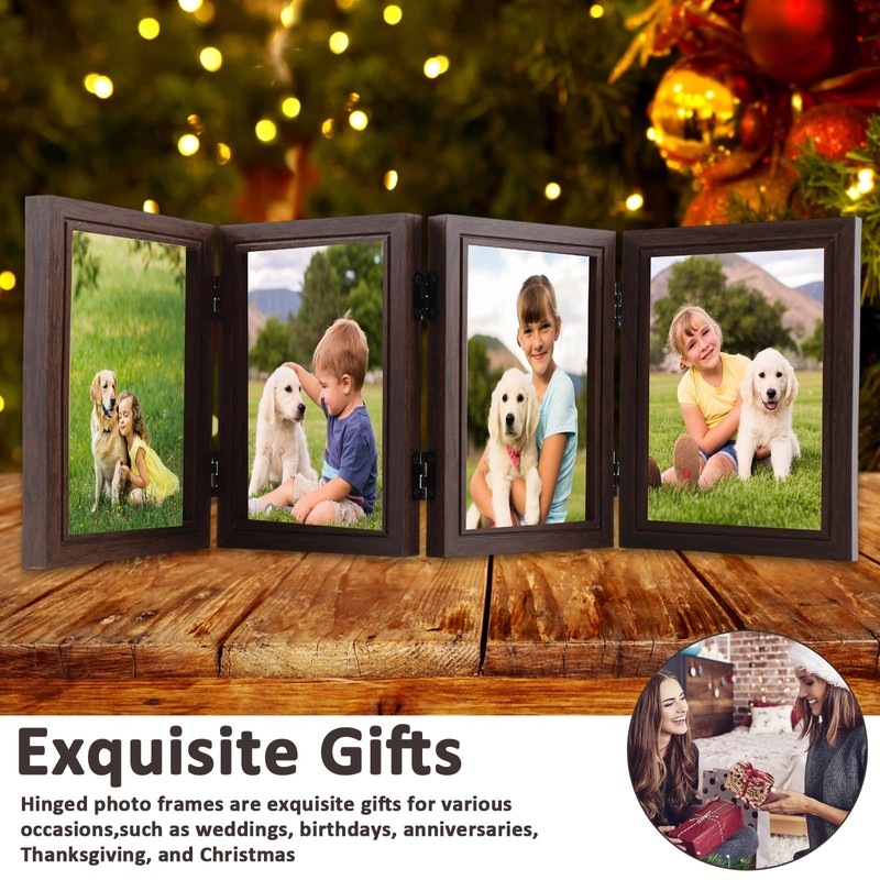 Photo Frame Hold 4 Photos, 4x6 Hinged Folding Wood Picture
