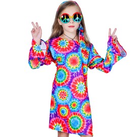 KalcyKizz Girl's 60s 70s Flower Hippie Costume Fancy Dress (M（7-9）)