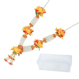 Artificial Mala Rose Flowers Ribbon Garland for Idol-Mala with Crystal Beads for God Statues Accessories Puja Sringar Articles Ornament for Indian Traditional Decoration(Size:-11")(Yellow)